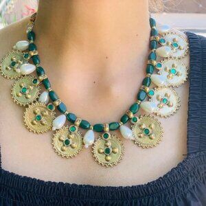 Pearls and Beads Jewelry Set, Handmade Coins Jewelry Set With Glass Stones,